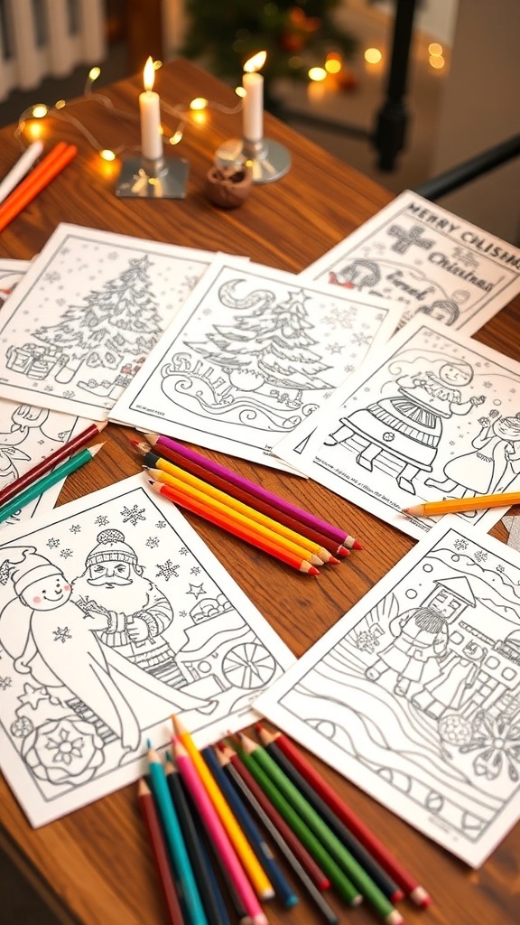 A variety of Christmas coloring pages featuring trees, Santa, and winter scenes on a table with colored pencils.